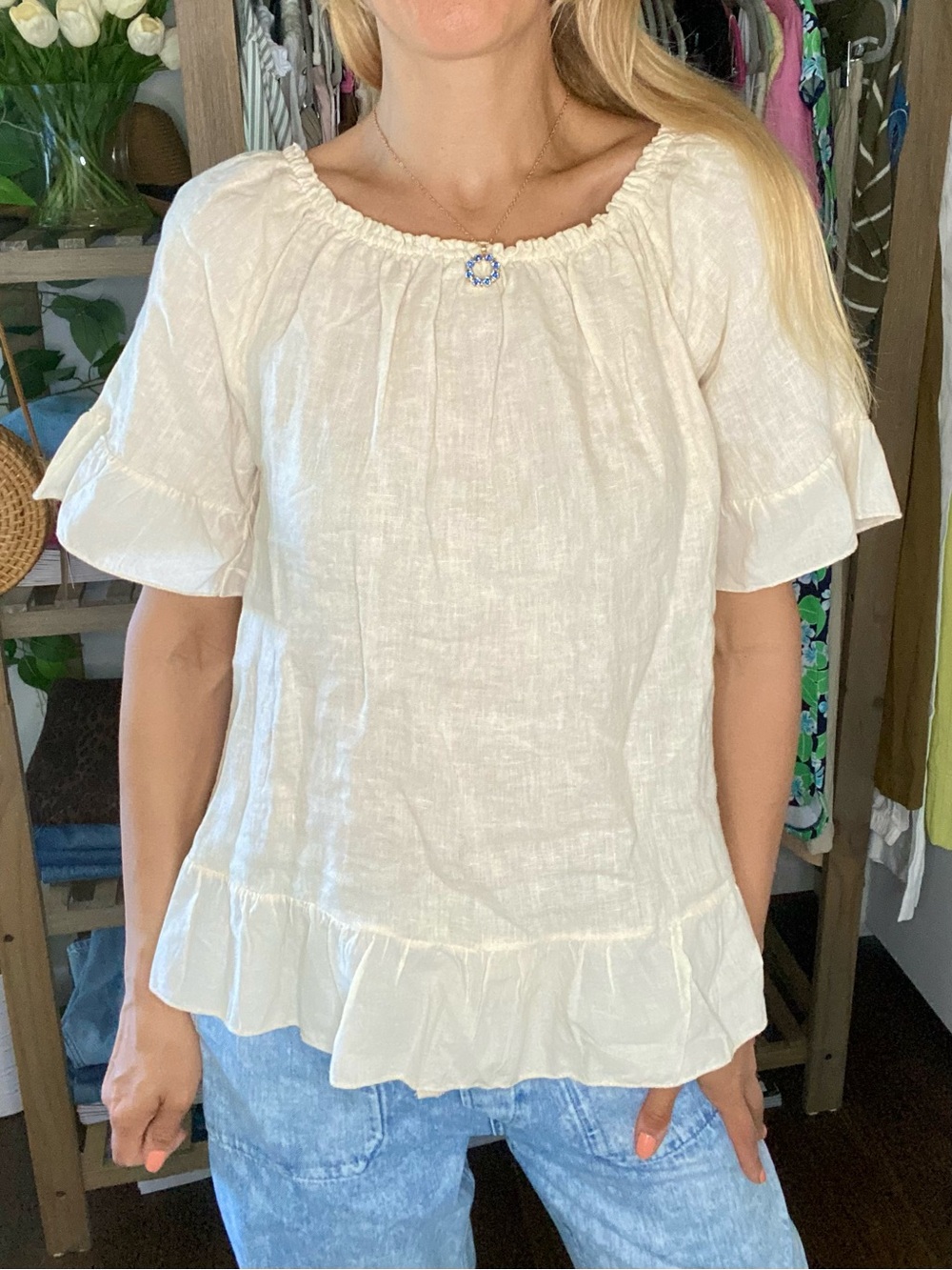 TERZO MILLENNIO Classic Cream Linen Peasant Blouse - Lightweight Women's Top! 🐚
